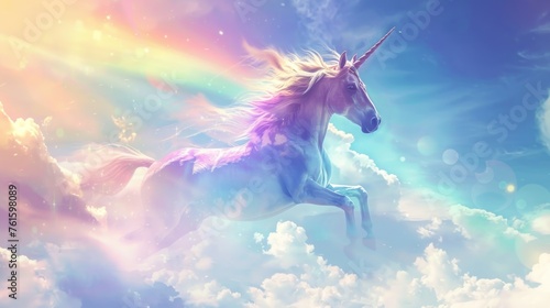 Fantasy colorful Unicorn pastel rainbow and clouds on blue sky background.AI generated image