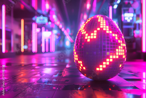 Illuminated Disco Ball in Neon Light Ambience.