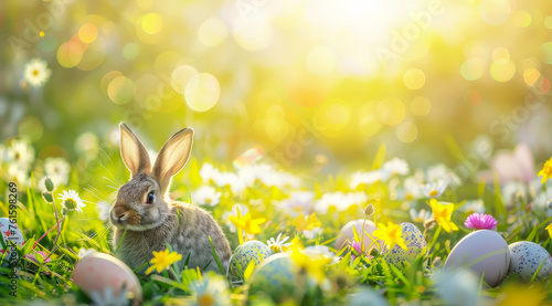 A rabbit nestled in spring greenery surrounded by Easter eggs and flowers with a bokeh effect,ai generated