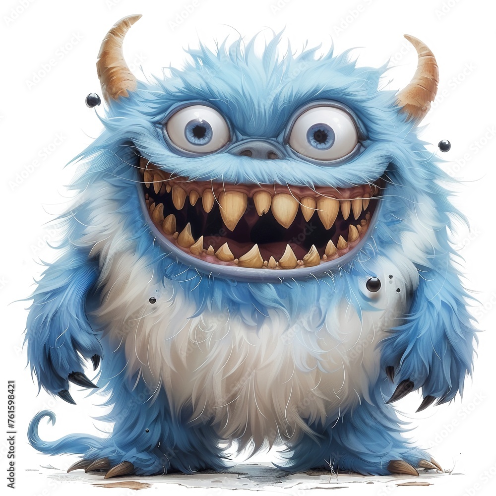Adorable and plump monster with a big smile standalone character on a pure white background