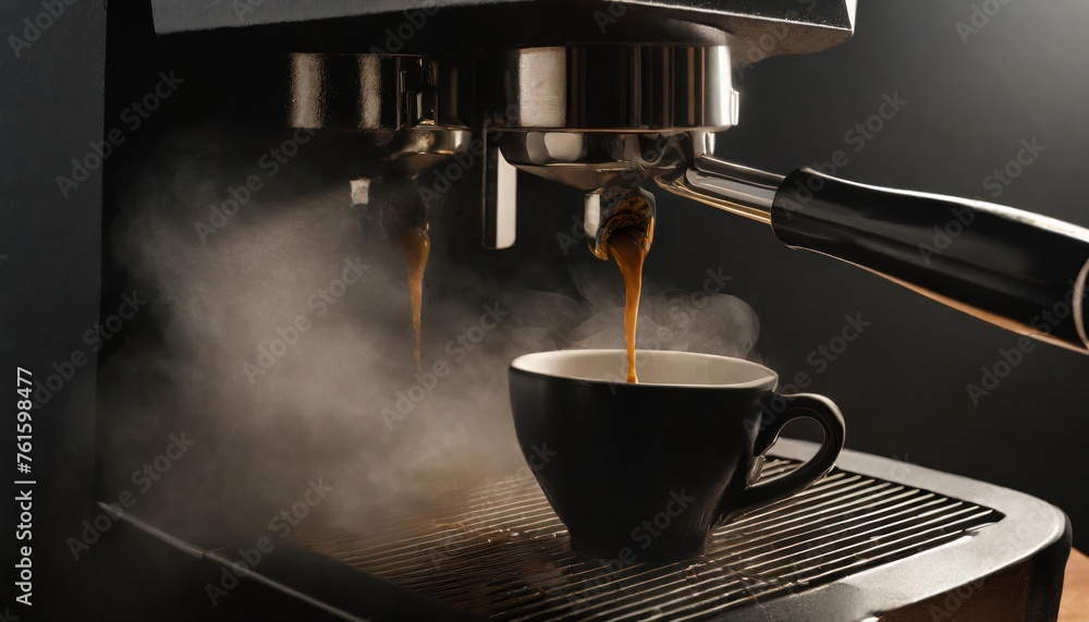 Extracting coffee from the coffee machine with a portafilter, pouring steaming hot coffee 