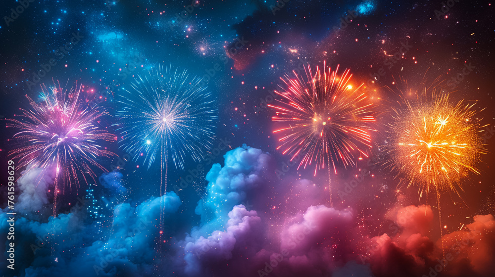 Fototapeta premium Multi colored fireworks bursting in a festival celebration vibrant illustration against a dark background