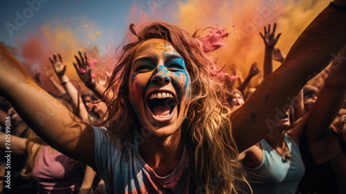 A big group of young people gather outside a summer festival, joyfully celebrating with colorful splashes reminiscent of the Holi festival.