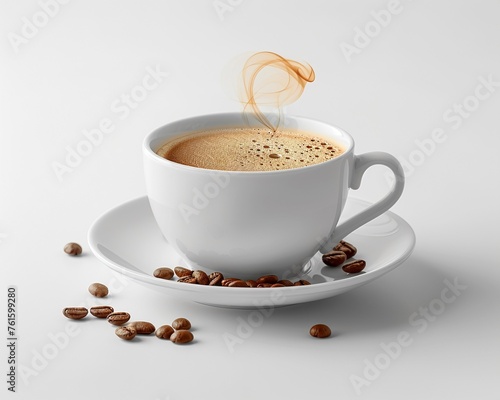 White cup of steaming coffee with scattered beans around it isolated on a clean background