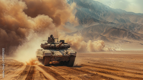 A scene unfolds in the desert as a military armored vehicle negotiates minefields and smoke.