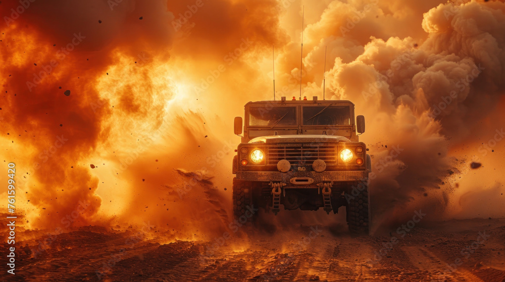 Among desert hazards, an armored military vehicle traverses minefields and smoke.