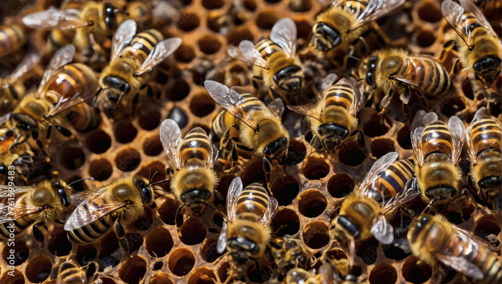 A queen bee Apis mellifera adorned with a distinctive dot marking surrounded by diligent worker bees, exemplifying the bustling life within a harmonious bee colony. A queen bee Apis mellifera adorned with a distinctive dot marking surrounded by diligent worker bees, exemplifying the bustling life within a harmonious bee colony.
