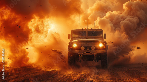 Among desert hazards, an armored military vehicle traverses minefields and smoke. photo