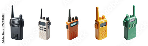 portable walkie-talkie set in various models and colors. Two-way radio. transceiver collection. baby monitor. Toy radio walkie-talkies with antena, buttons and dials. Talking device. Receiver device.