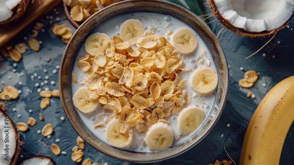 a bowl of cornflakes and milk, presented in a warm-colored bowl, creating a dynamic and tasty image with food styling, set against a blank background, adorned with slices of banana and coconut. a bowl of cornflakes and milk, presented in a warm-colored bowl, creating a dynamic and tasty image with food styling, set against a blank background, adorned with slices of banana and coconut.