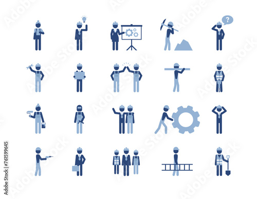 Isolated vector icons set of blue pictogram men in reflecting orange vest and white safety helmet, white background. Building and construction characters set.