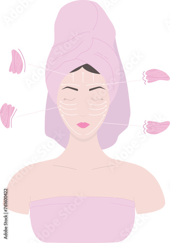 Facial massage with gua sha stone. Female face with massaging lines