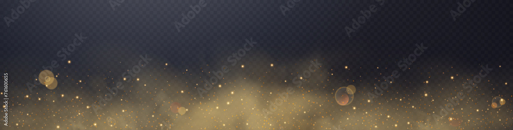 Orange glittering dots, particles, stars magic sparks. Dust cloud flare light effect. Orange luminous points with smoke. Vector particles on transparent background. - obrazy, fototapety, plakaty 