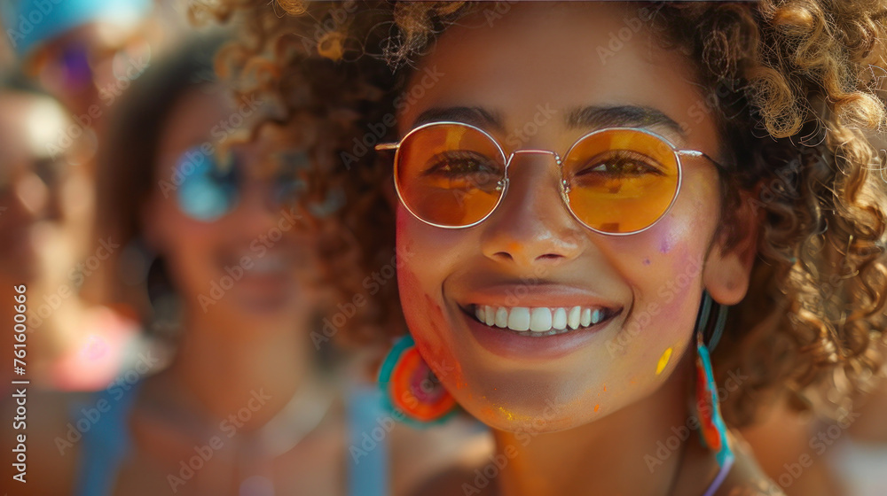 Laughter fills the air as young individuals cheer and celebrate at a daytime summer festival, enjoying the vibrant colors of the Holi festival. Laughter fills the air as young individuals cheer and celebrate at a daytime summer festival, enjoying the vibrant colors of the Holi festival.