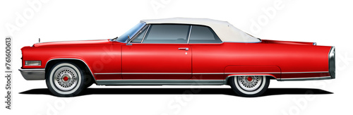 Classic American luxury car in red color. With a convertible body and white soft top.