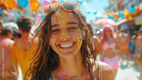 Laughter fills the air as young individuals cheer and celebrate at a daytime summer festival, enjoying the vibrant colors of the Holi festival.