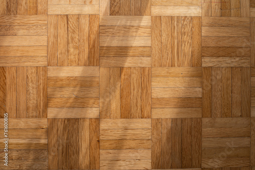 Wooden parquet or flooring inside room. Top view  natural light  no people