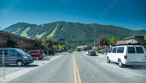 Jackson Hole, Wyoming. City streets and mountains on a beautiful day