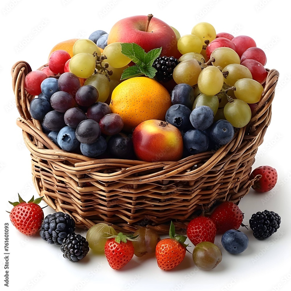 Bright, colorful fruit arrangement in a basket.