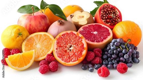 Diverse fruit arrangement on a pure white surface.