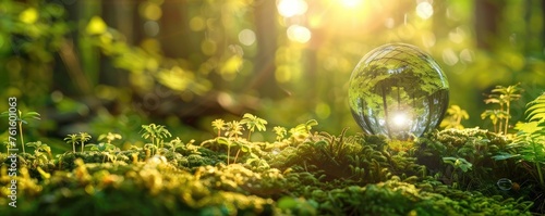 Glass Orb on Moss in Enchanted Forest Symbolizing Environmental Protection