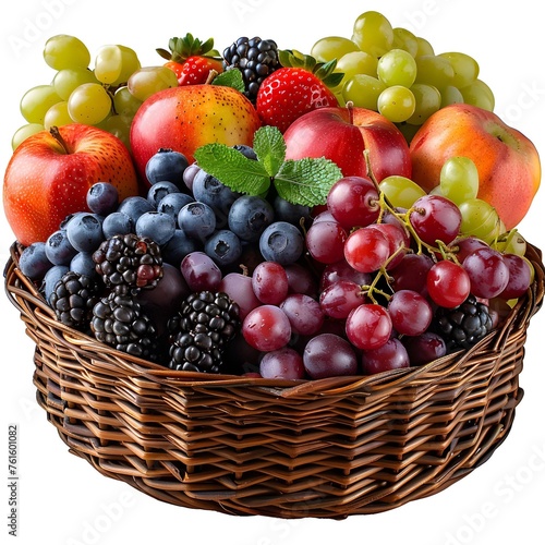 Diverse fruit collection in a basket  white background.