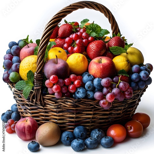 Lush fruit assortment in a basket on white.