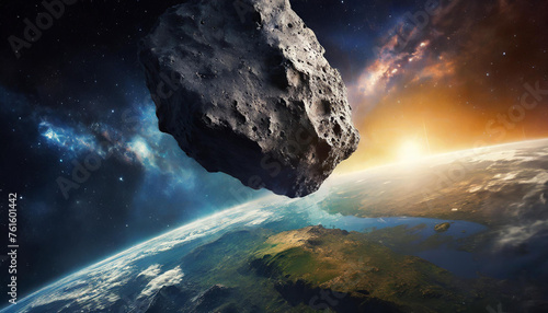 Huge asteroid in space flying towards planet earth. View from space. photo