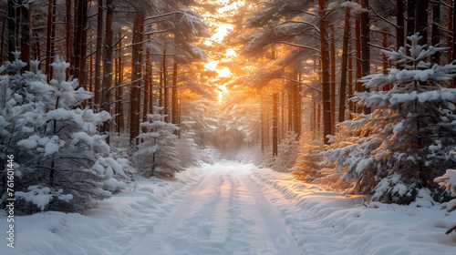Photo of sunlight streaming through snowy trees