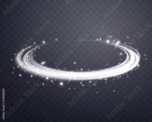 Silver glowing magic ring. Neon realistic energy flare halo ring. Abstract light effect on a dark transparent background. Vector illustration.