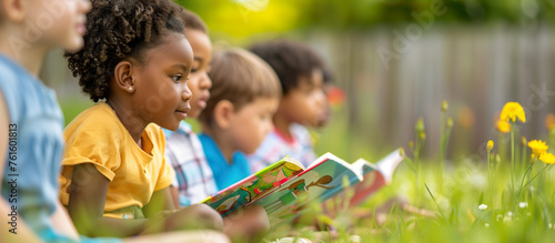 A diverse group of preschool children sits together in the garden, happily reading their books