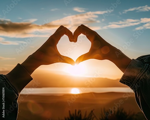 A backdrop of two hands forming a heart against the setting sun capturing a moment of connection and hope