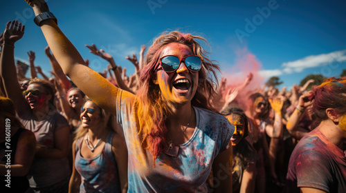 The vibrant energy of a summer festival is evident as a large gathering of young people cheer and celebrate, their laughter and colorful splashes resembling the joy of the Holi festival.