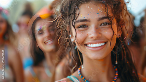Young people come together in celebration at a summer festival, their cheerful cheers and laughter accompanied by colorful splashes reminiscent of the Holi festival. photo
