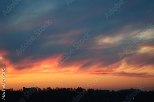 Obraz na płótnie Multi-colored evening sky over a black silhouette of a forest on the horizon w salonie