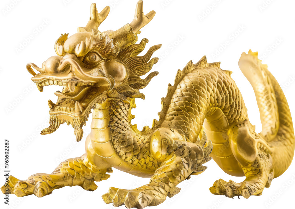 Golden Chinese dragon statue, cut out transparent