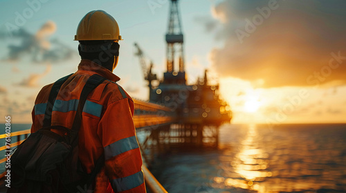 Wallpaper Mural Close up of an offshore oil rig worker heading to work determination in each step vast oil and gas facility backdrop Torontodigital.ca