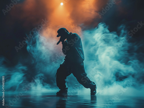 Energetic rapper in action minimal stage with striking light and shadow play capturing the essence of hip-hop