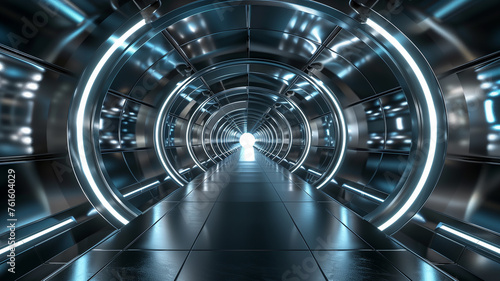 Futuristic 3D chrome tunnel  creating a sense of depth and infinity  with light at the end reflecting on the sides  designed with a lower third space for creative messaging