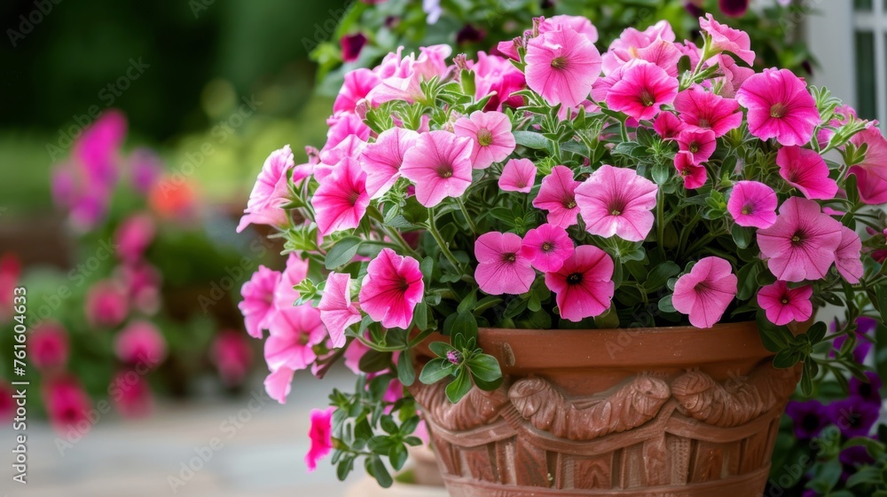 Terracotta Pot Overflowing with Pink Petunias - Patio Floral Arrangement