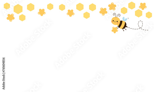 Beehive sign with hexagon grid cells, yellow flower and bee cartoon isolated on white background vector.