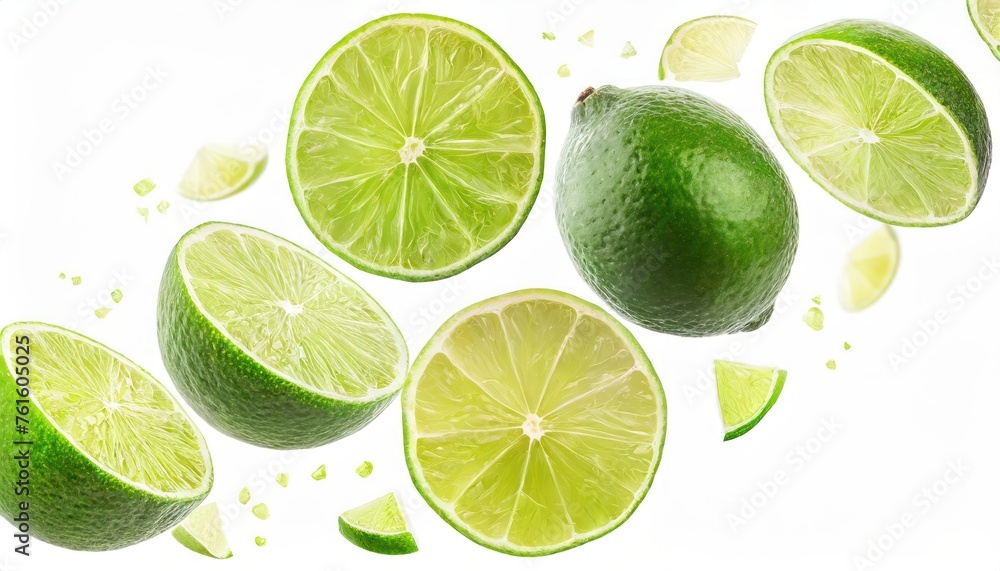 Lime fruits cut pieces flying in air isolated on white background. With clipping path. 