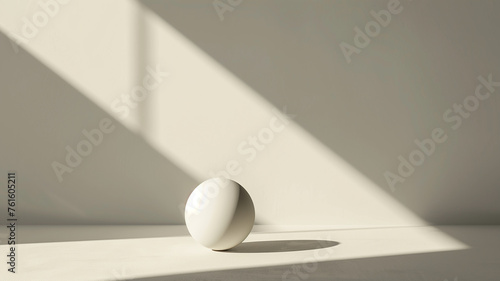 Ultra-minimalist 3D scene with a single, perfect sphere casting a long shadow on a clean, light-colored background, emphasizing space and form, with copy space to the left © praewpailyn