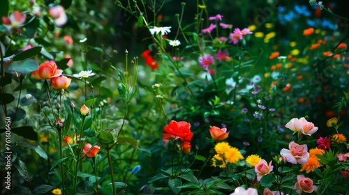Botanical Wonderland: Lush Green Garden with Rosy, Daisy, and Lily Blooms.