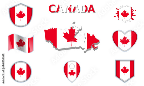 Collection of flat national flags of Canada with map