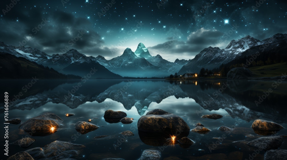 Beautiful scenery with surrounding mountains and lake. at night
