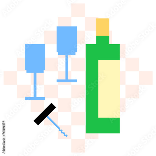 Vector illustration of dining and serving a bottle of wine and a glass and a wine corkscrew on a checkered tablecloth