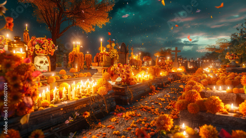 A colorful cemetery adorned with marigolds and candles during Dia de los Muertos celebrations at twilight.