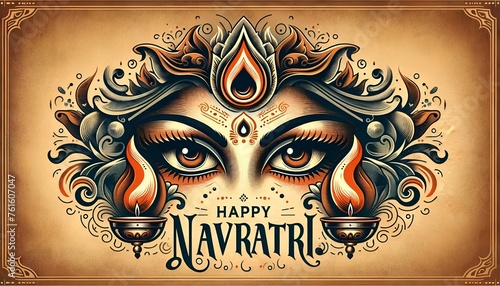 Vintage illustration for chaitra navratri with stylized face of goddess durga. photo