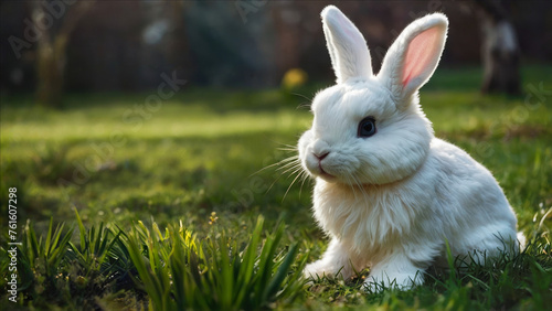 white rabbit on green grass © Maksym